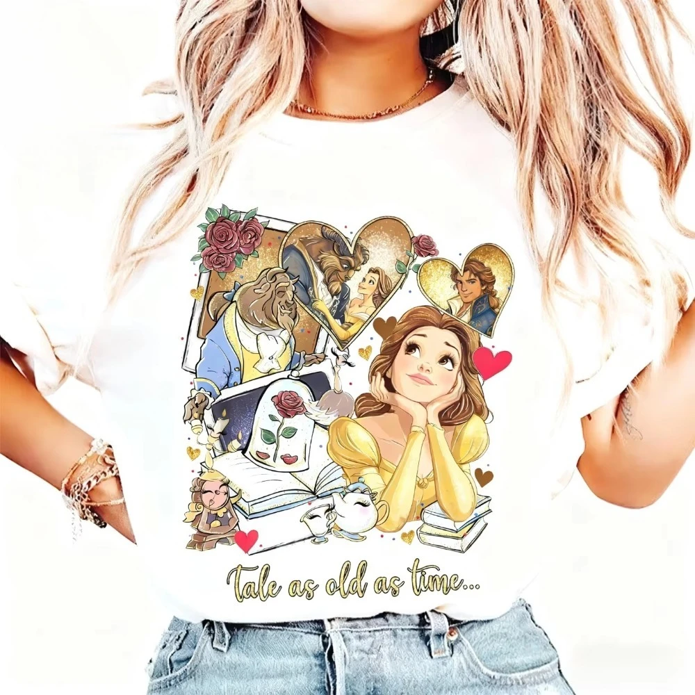 تي شيرت Beauty and The Beast Disney Princess مطبوع صيفي من القطن الناعم فضفاض ومريح وناعم كاجوال للجنسين بأكمام قصيرة