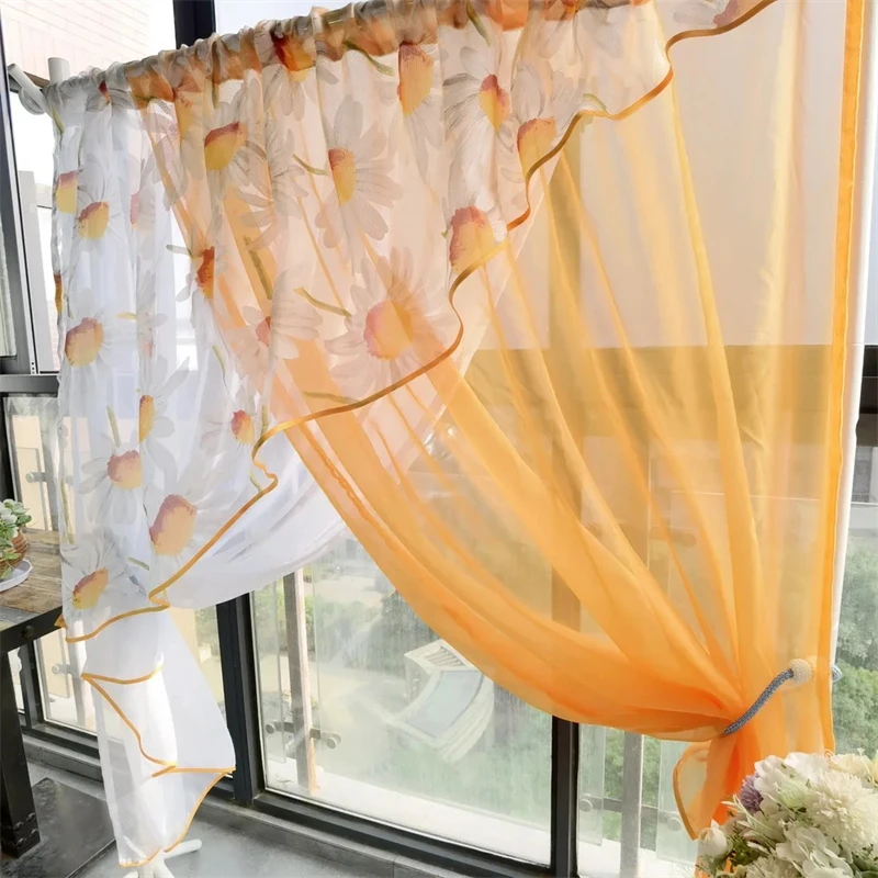 Pastoral Orange Yellow Kitchen Design Short Sheer Tulle Curtain For Balcony Living Room Door Window Partition Voile Half Drapes