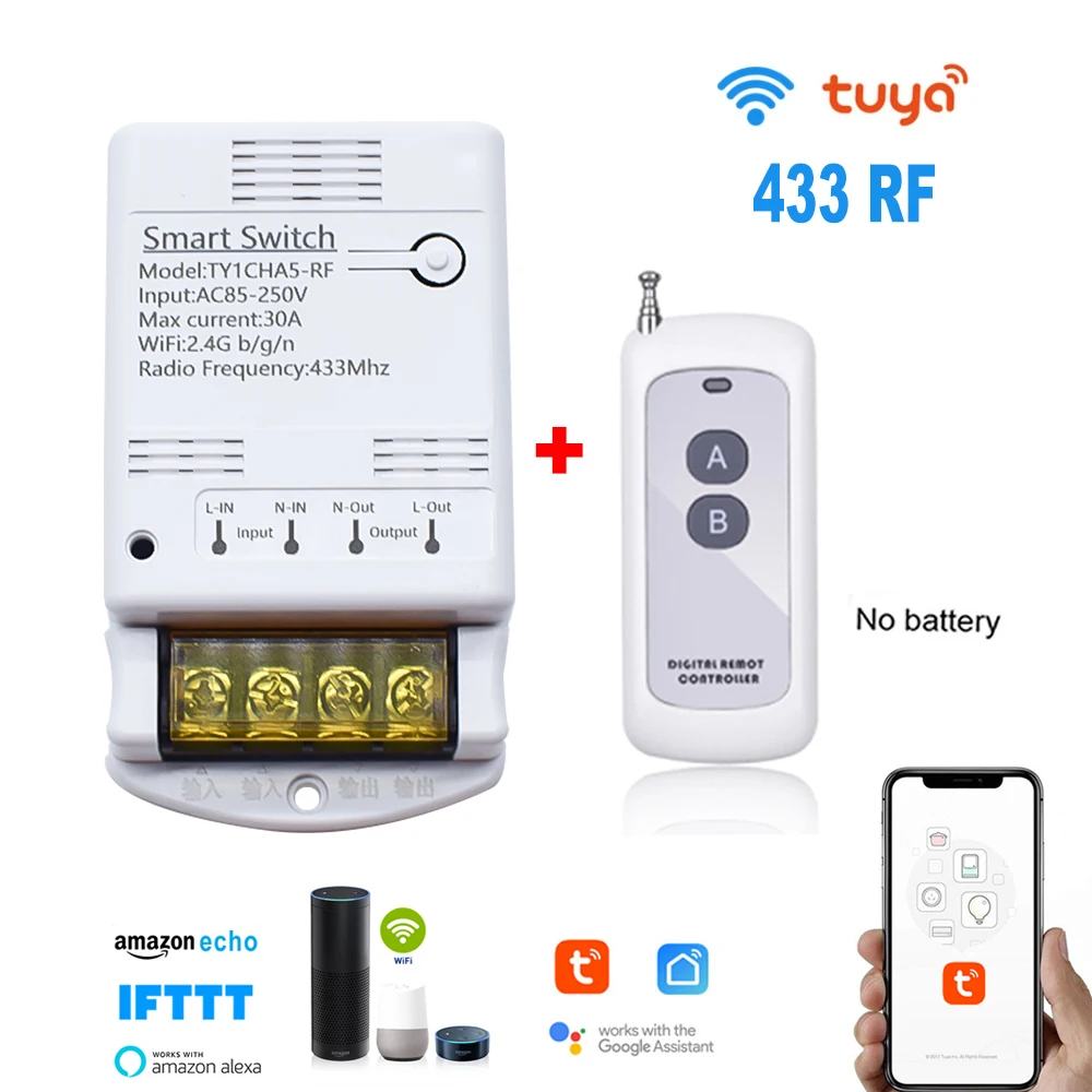 

Tuya Wifi 30A переключатель модуль беспроводной реле контроллер AC 220V 110V DC 12V 24V Smart Life APP голос пульт дистанционного управления смарт таймер