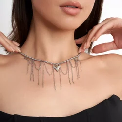 Women Fashion Silver Bead Heart Pendant Necklace Personalized Tassel Clavicle Chain With Adjustable Tail Chain Party Jewelry