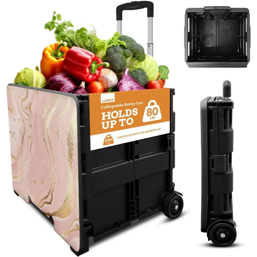 

Inspired Living Collapsible Ultra-Slim Pack-N-Roll2 Wheel Utility Cart w Lid Used as Seat up to 250 Lbs Telescopic Handle Super