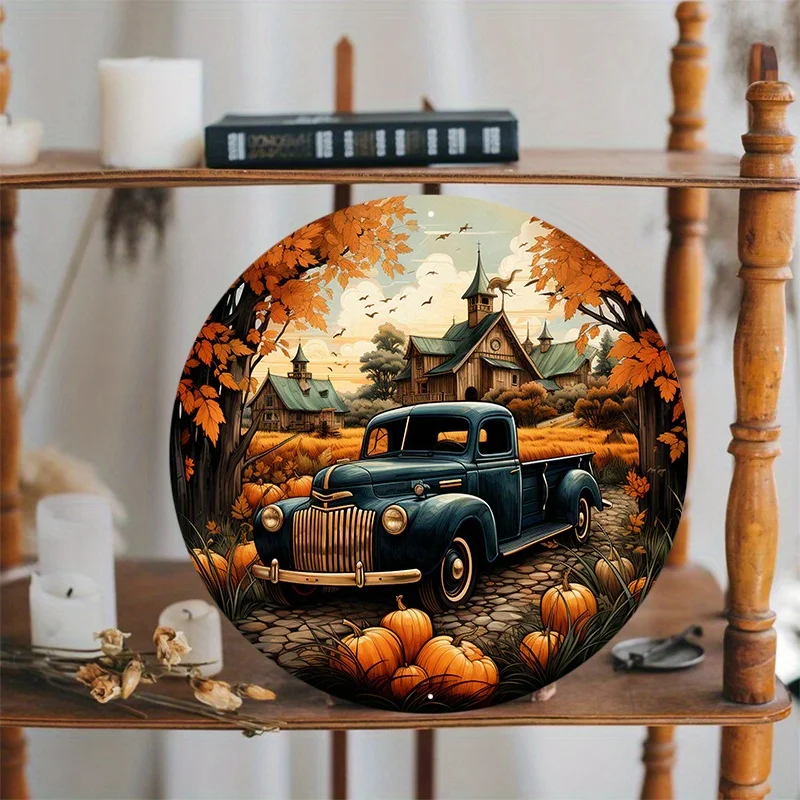 Aluminiowy metalowy znak Pumpkin Truck Welcome Sign, Hello Fall Party Print Out Wall Art, Home Decor, Garden Decoration, 8x8Inch, 1Pc