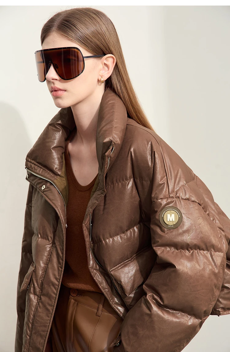 AMII Minimalist Women's Down Coat 2024 Winter Warm Thick Lapel Stand Collar Imitation Leather Duck Down Female Jacket 12444025
