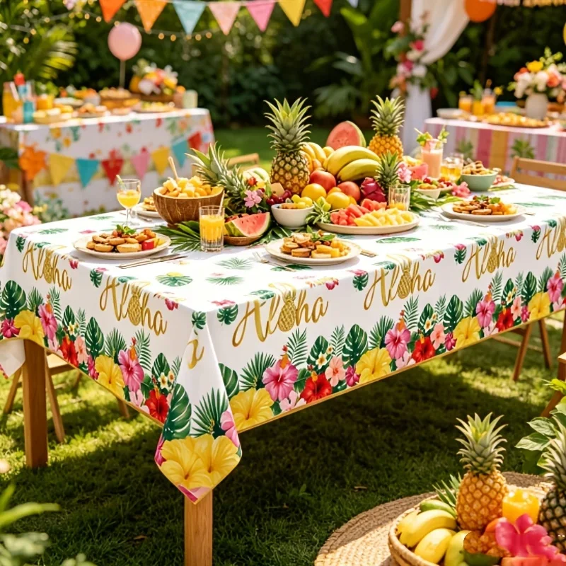 1 PIECE Golden Hawaiian Party Tablecloth - Palm leaf design, bright flowers and pineapplesxzj