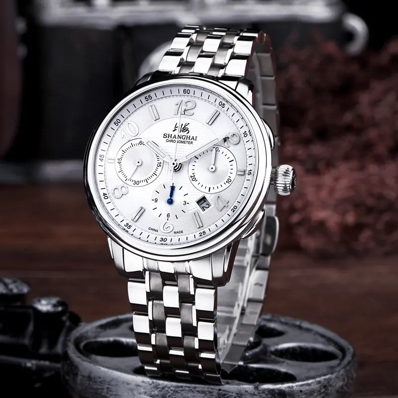 Shanghai Brand Watch Men's Leisure Business Multi-function Chronograph Stainless Steel Mechanical Watch 9001