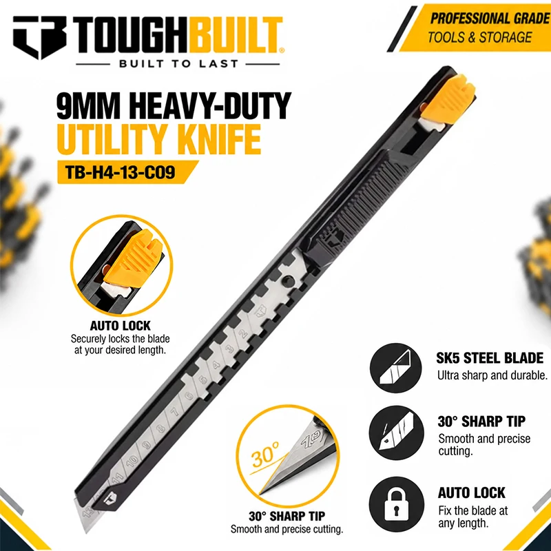 TOUGHBUILT TB-H4-13-C09 9mm Utility Knife, Heavy-Duty Sliding Cutter with Safety Lock, Woodworking & DIY Cutting Hand Tool