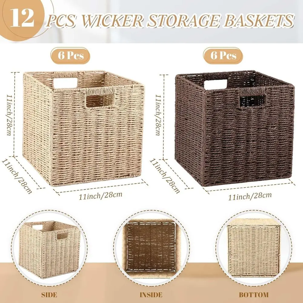 12-Pack Foldable Wicker Storage Baskets, Beige & Brown, 11 with Handles for Home Organization