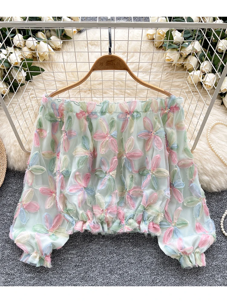 

Women's Summer Blouse French Fashion One Shoulder Lantern Sleeve Three Dimensional Flower Shirt Versatile Short Top Blusa BL190