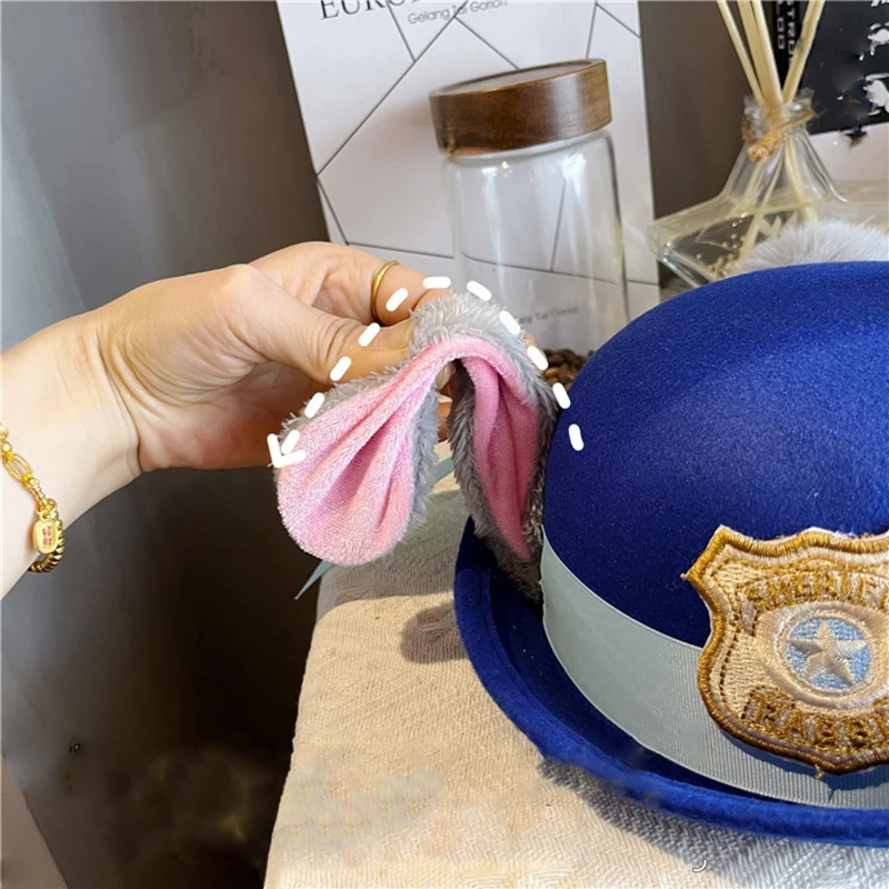 Halloween Bunny Ear Bowler Hat Cosplay Anime Rabbit Sheriff Costumes Props Kawaii Bendable Ear Hats Captain Police Fancy Caps