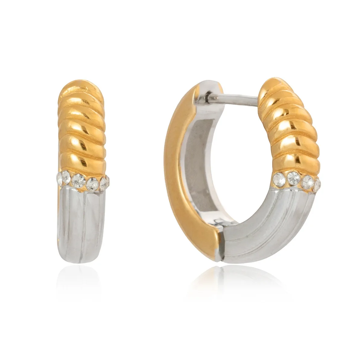 Punk Chunky Round Tube O-Shaped Stainless Steel Earrings Gold&silver Mix Color Ribbed Circle Zircon Hoop Huggie Earring Jewelry view 6