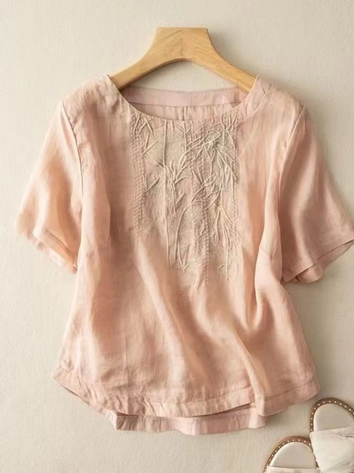 قميص أنيق بأكمام قصيرة على الطراز الياباني من القطن والكتان مطرز للنساء صيفي جديد يغطي البطن قميص صغير من الكتان