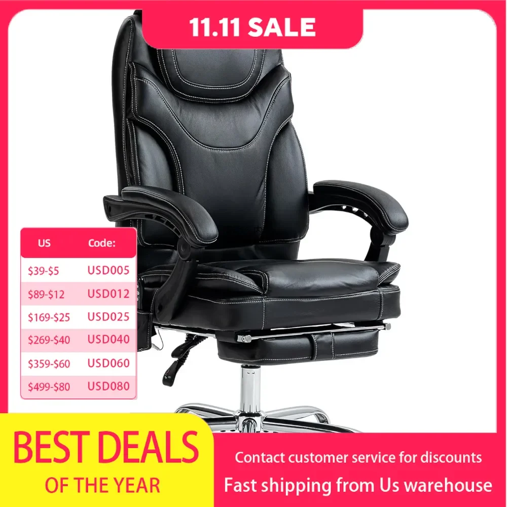 PU Leather Vibrating Massage Office Chair with 6-Point Heated Reclining Computer Chair, Adjustable Height, Foot Pedal - Black