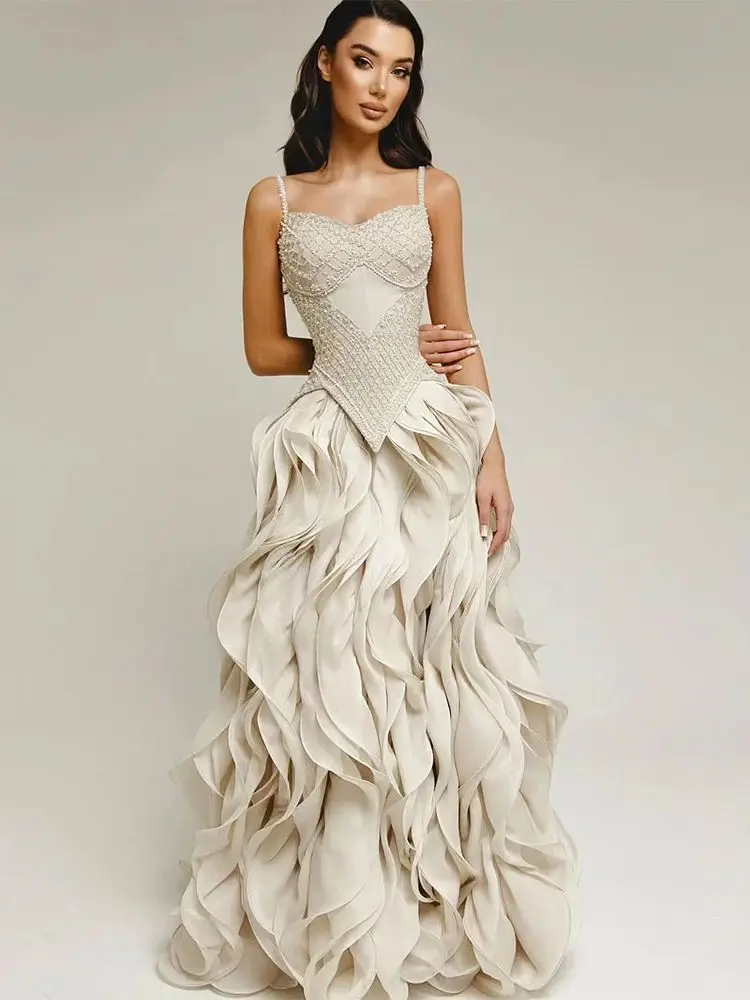 Exquisites Organza-Abendkleid, klassische ärmellose Partykleider, zarte Perlenstickerei, maßgeschneiderte Kleider für besondere Anlässe