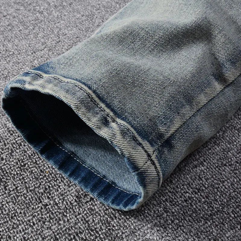 Street Fashion Men Jeans Retro Light Blue Stretch Slim Fit Hole Patched Ripped Jeans Men Embroidery Designer Vintage Denim Pants
