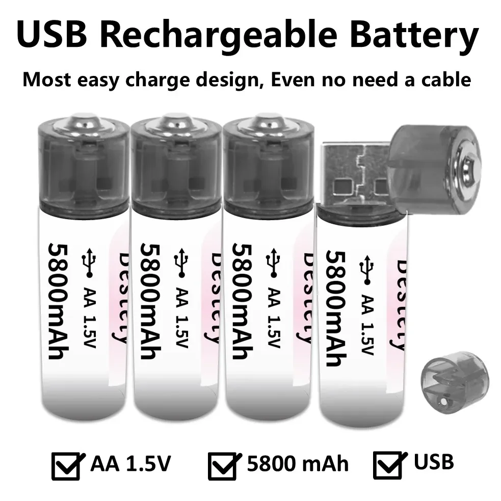2025 New USB Charge Long-Lasting AA Rechargeable Batteries, 1.5V 5800mAh AA Battery, Lithium Batteries for Shavers, Clocks,Toys.