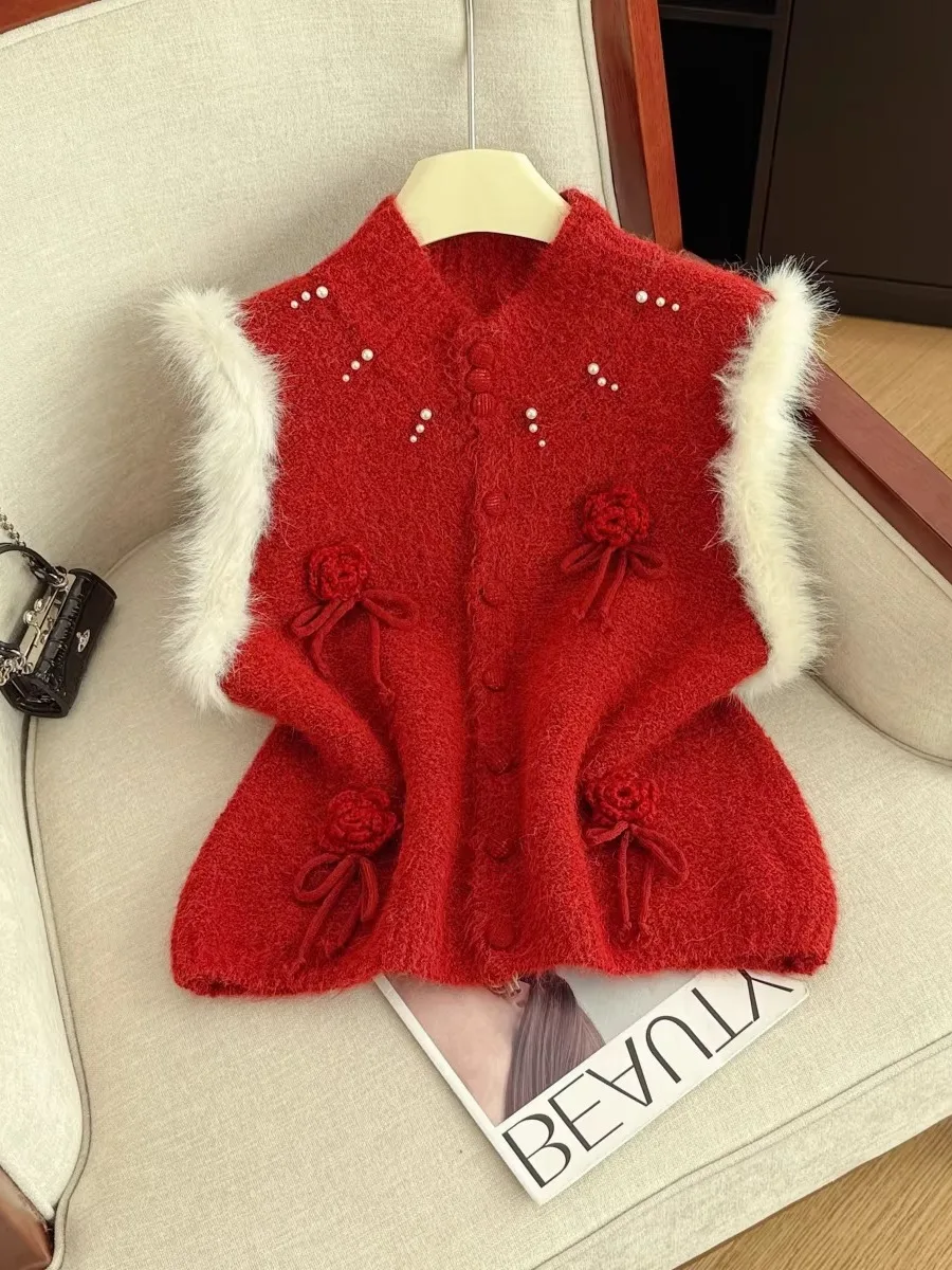 

Red Fluffy Vest Sweater Women's Autumn Winter High-End Style Layering New Year's Fashion Top Quality Cotton Warmth And Luxury