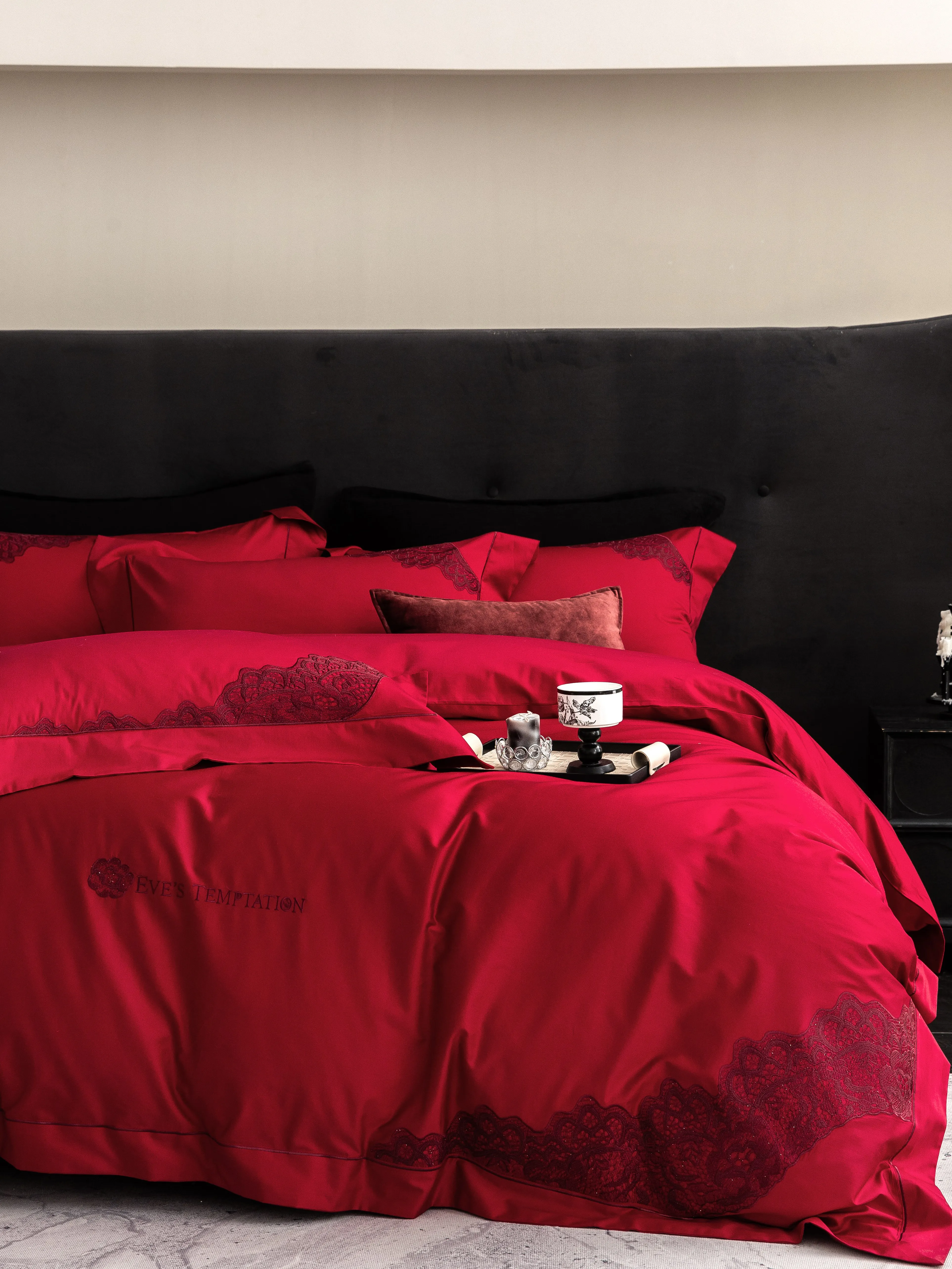 100% Cotton Red Luxury Lace 4Pcs Bedding Set, High-end Duvet Cover Bed Sheet King Queen Full Size 220x240