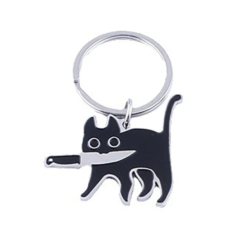 Cute Cartoon Knife Cat Keychain Stainless Steel Black Kitten Key Chains Keyring Bag Pendant Hanging Jewelry Gift