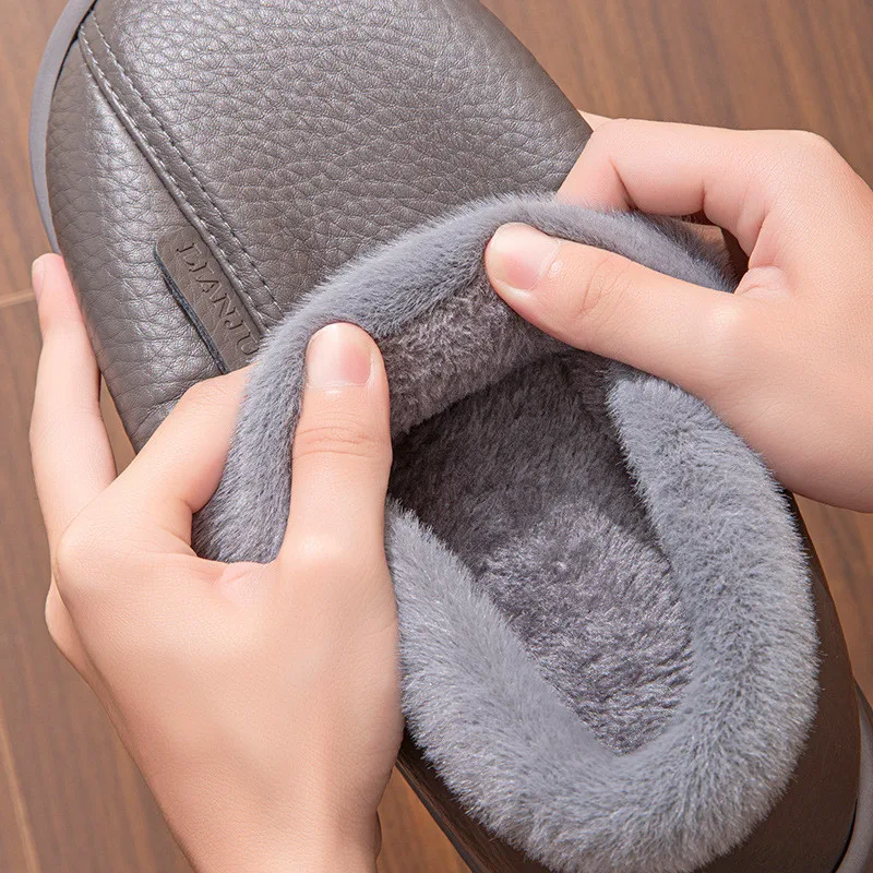Big Size Men Winter Slippers Home Warm Shoes Platform Slides Waterproof PU Leather Couples Outdoor Non-Slip Furry Plush Flats
