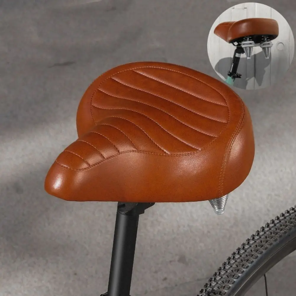 

MTB Spring Bicycle Seat Cushion Leather Retro Comfortable Bicycle Saddle Wide Shock-Absorbing Mountain Bike Seat Replacement