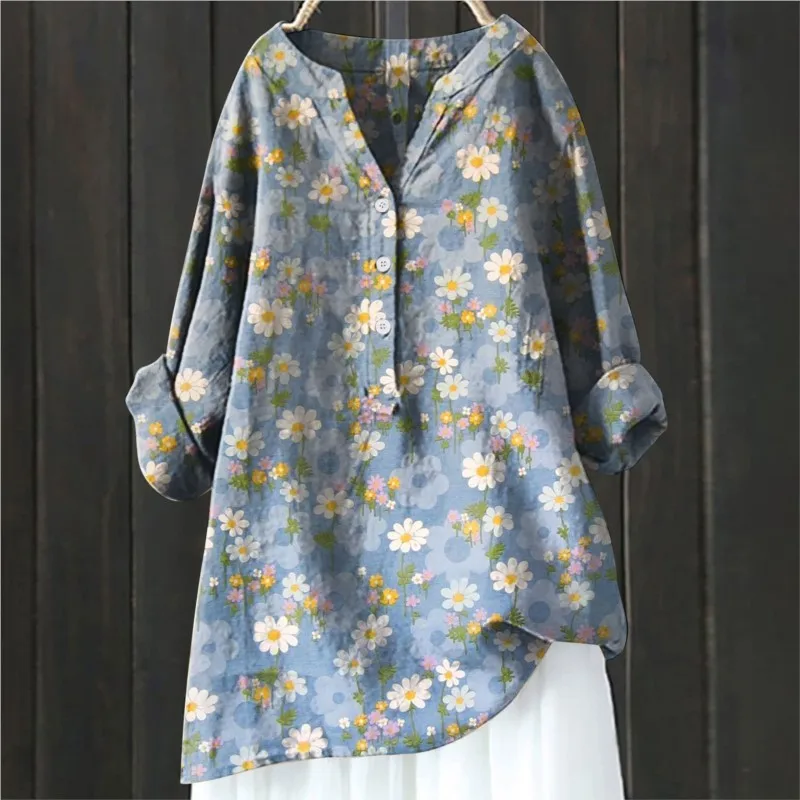 Vintage Floral Art Print Linen Shirts New Summer Women Casual Trendy V Neck Dressy Blouses Long Sleeve Button Tunic Long Tops