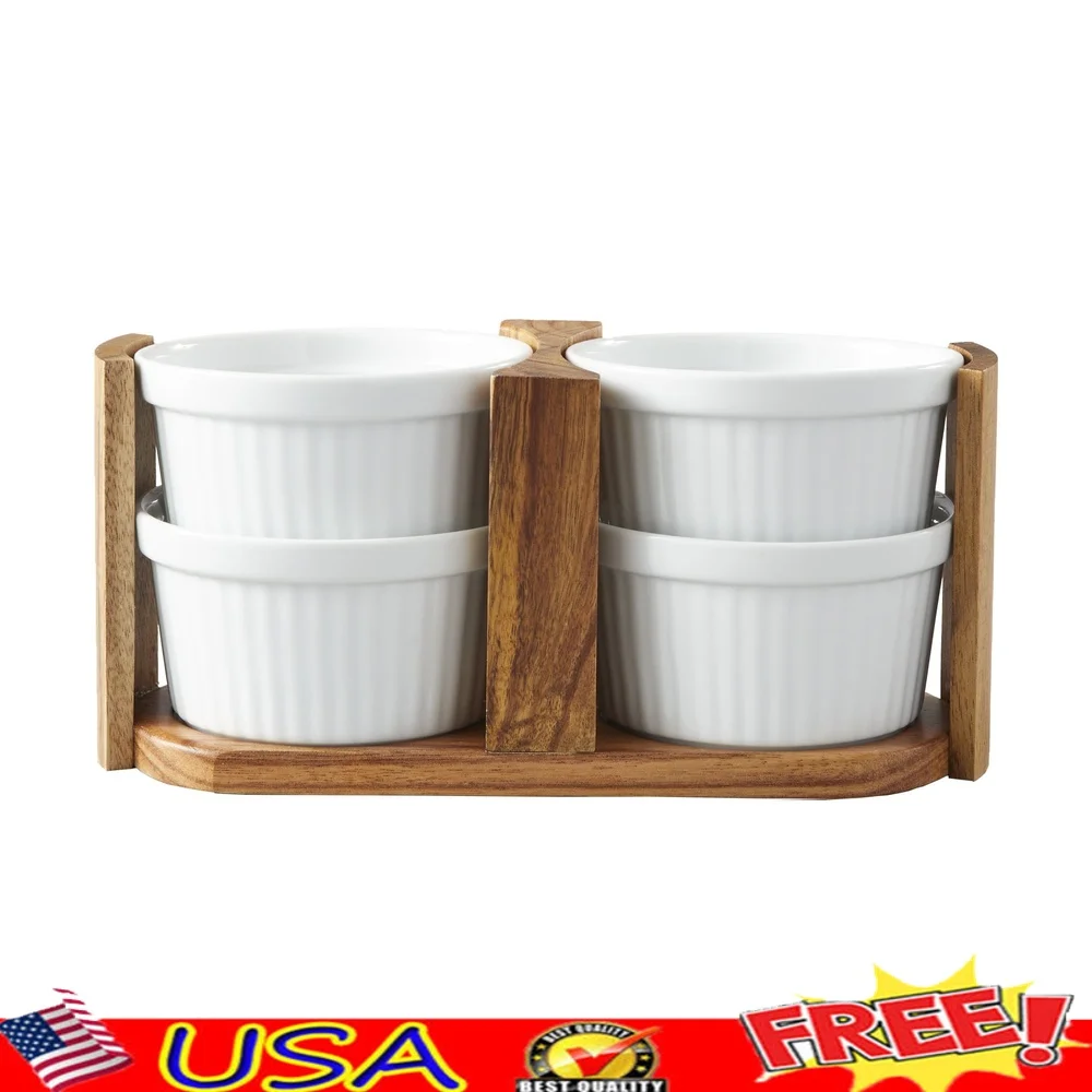 

Набор Caddy из дерева акации Ramekin, фарфоровая духовка, безопасная для микроволновой печи, можно мыть в посудомоечной машине, экономия места для хранения, идеальная сервировка для выпечки