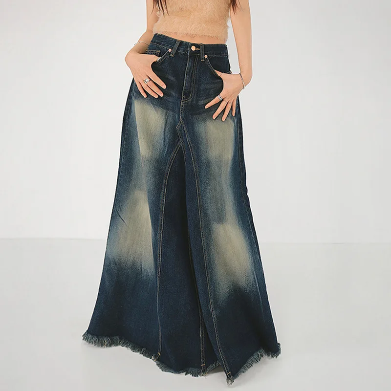 

Spring and Summer New Streetwear Trend Distressed Washed Denim Half-body Skirt, Casual Low-waisted A-line Long Skirt for Women