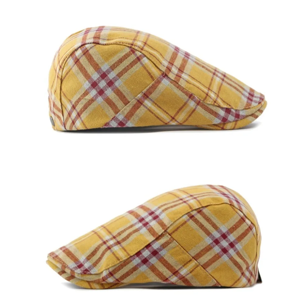 Simple Keep Warm Vintage English Hat Cool Korean Style Yellow Tartan Beret Large Head Girth Bob Hat Checkered Bud Caps Girls