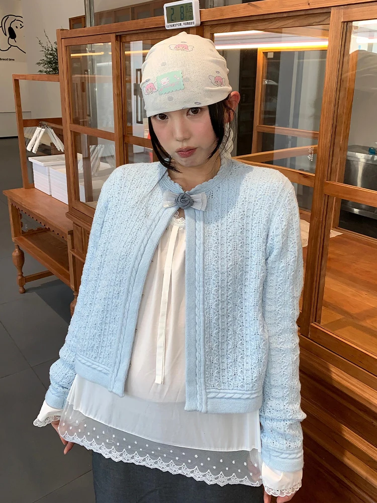 

Blue Knitted Open Cardigan Women's Autumn Winter Slim Fit round Ne Sweater Jaet Dopne Top Ins Sle Street Faion