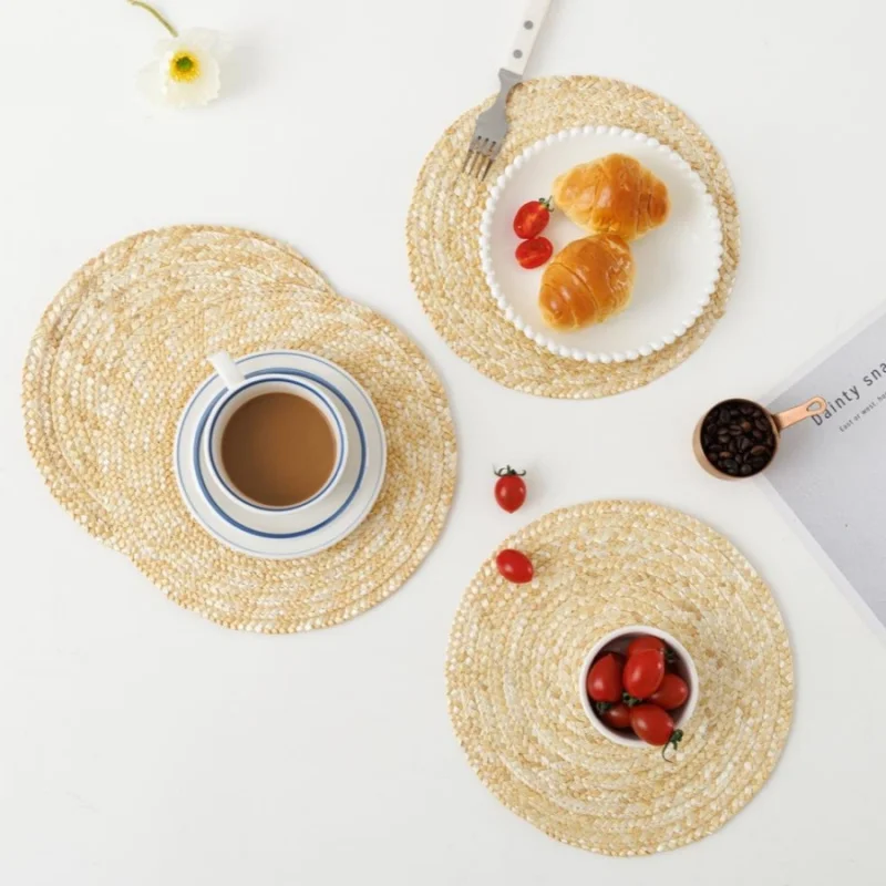 1pc Grass woven placemat straw braided insulation mat kitchen restaurant bowl cup pot mat table wedding decorative ornament