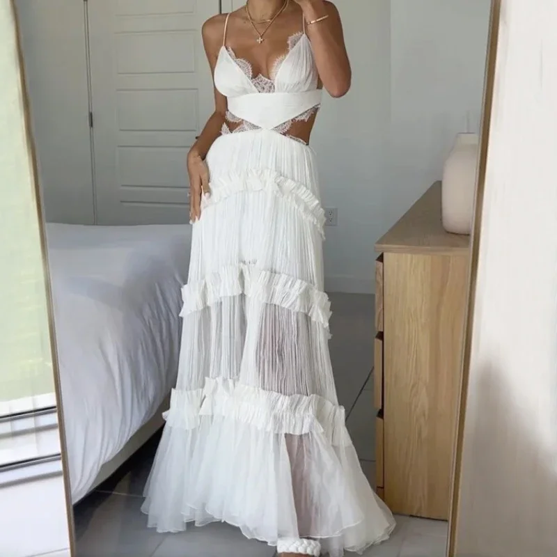 

Summer Long Dresses Women White Lace Party Bow Bodycon Dress Hollow Out High Waist Wedding Elegant Sexy Maxi Vestidos