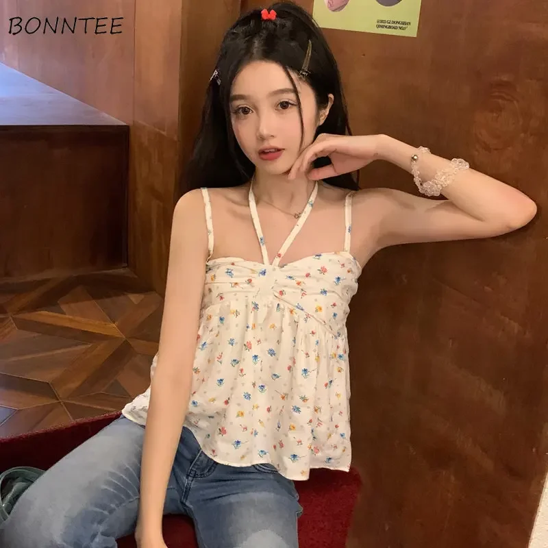 Camisole Women French Style Backless Chic Summer Hotsweet Girls Slim Lace-up New Aesthetic Y2k Crop Tops Popular Leisure Printed