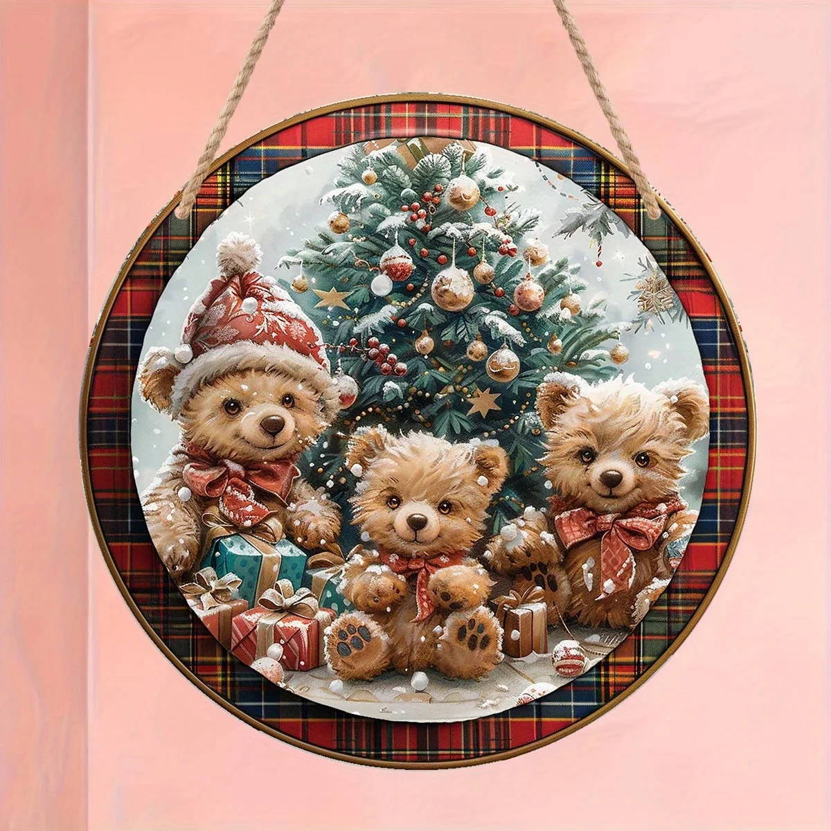 Holiday Teddy Bear Round Wooden Wall Hanging Sign, 7.87 Inch - Manufactured Wood Decorative Plaque with Teddy Bears and Christma