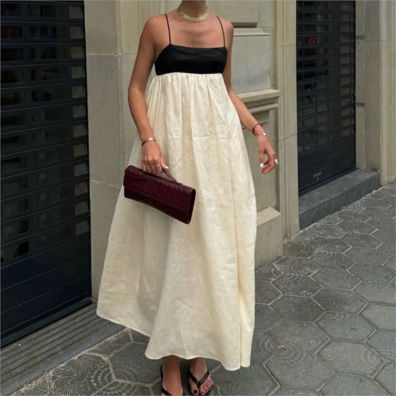 عطلة السباغيتي فستان بحزام فساتين Vestidos 2025 امرأة المرقعة التباين عارية الذراعين سليم حبال مزاجه أنيقة كل مباراة