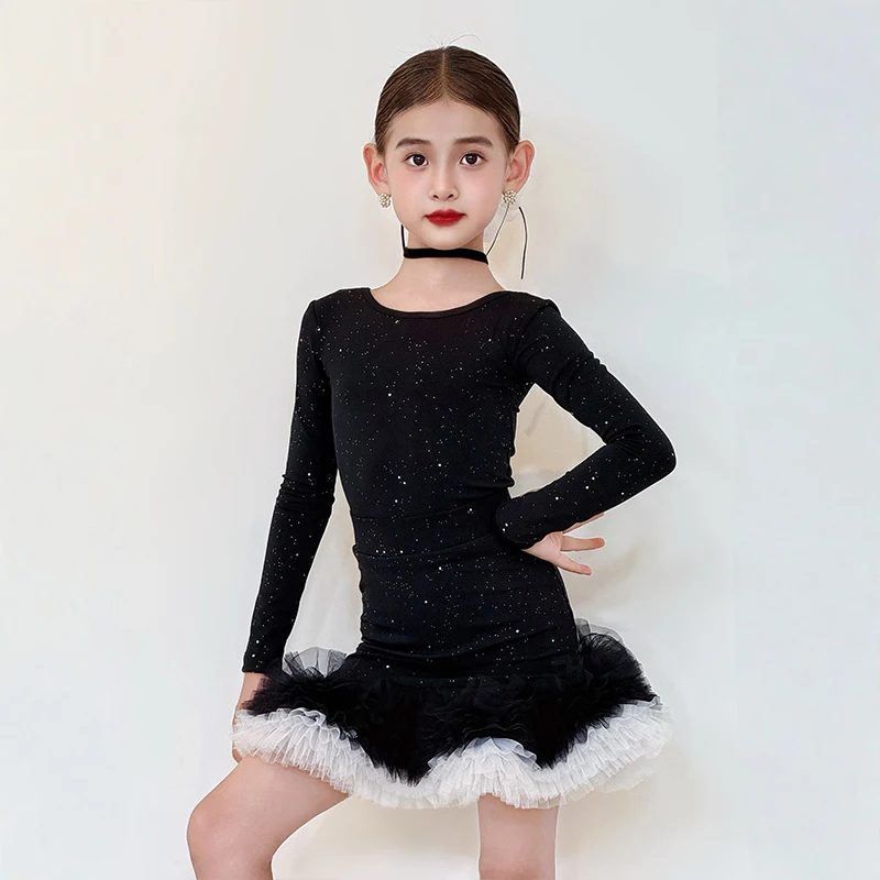 

2025 год, одежда для выступлений в латинских танцах для девочек, платье с пайетками, черное платье с длинными рукавами, одежда для соревнований, детское платье для латинских танцев