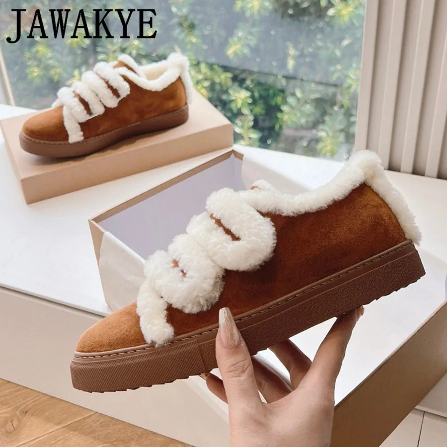 2023 Brand Natural Wool Fur Snow Boots Suede Leather High Top Short Boots Women Round Toe Rubber Sole Winter Loafers Flat Shoes