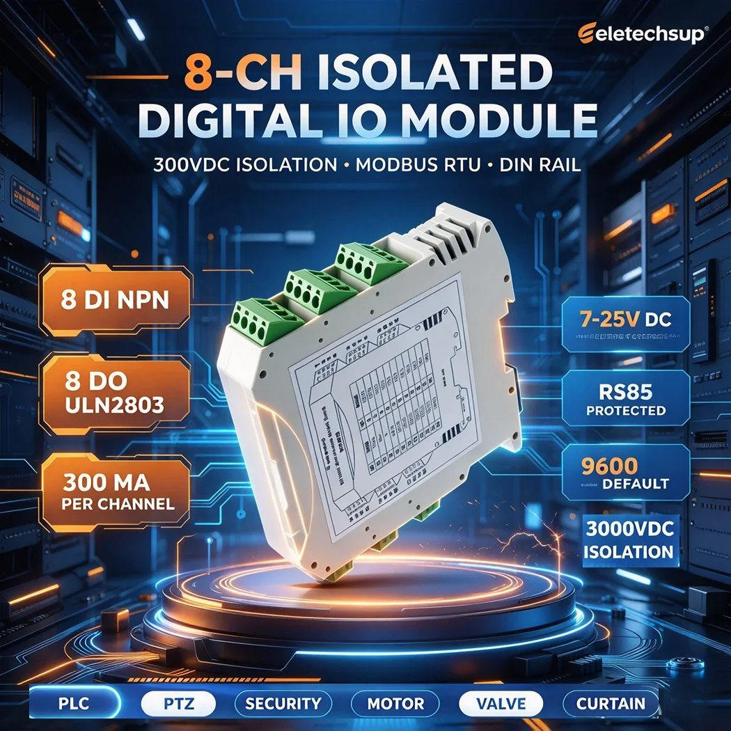 Industrial 8CH Opto-isolated DIO Module RS485 Modbus RTU NPN Input Output 3000V Isolation DIN Rail