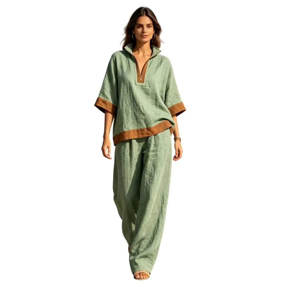 Two-piece Outfit Stylish Set Color Block Cotton Linen Set Half Sleeve Zip-up Top Wide Leg Pants Summer Lounge Outfit for Women