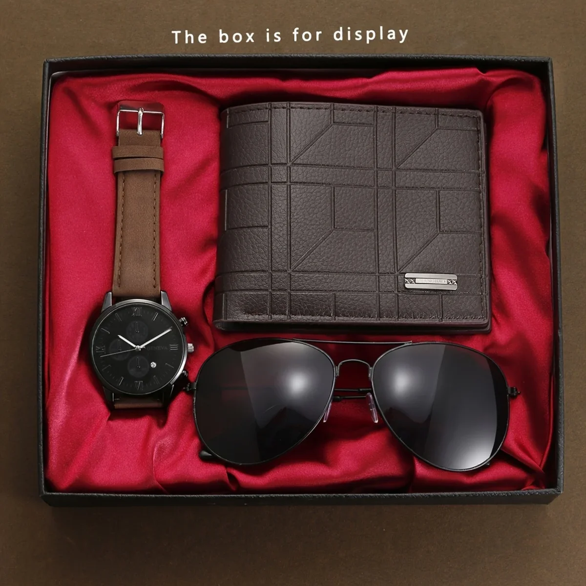 3 men's gift set, business style faux leather wallet, striped pattern, hand washable, with glasses and watch included,
