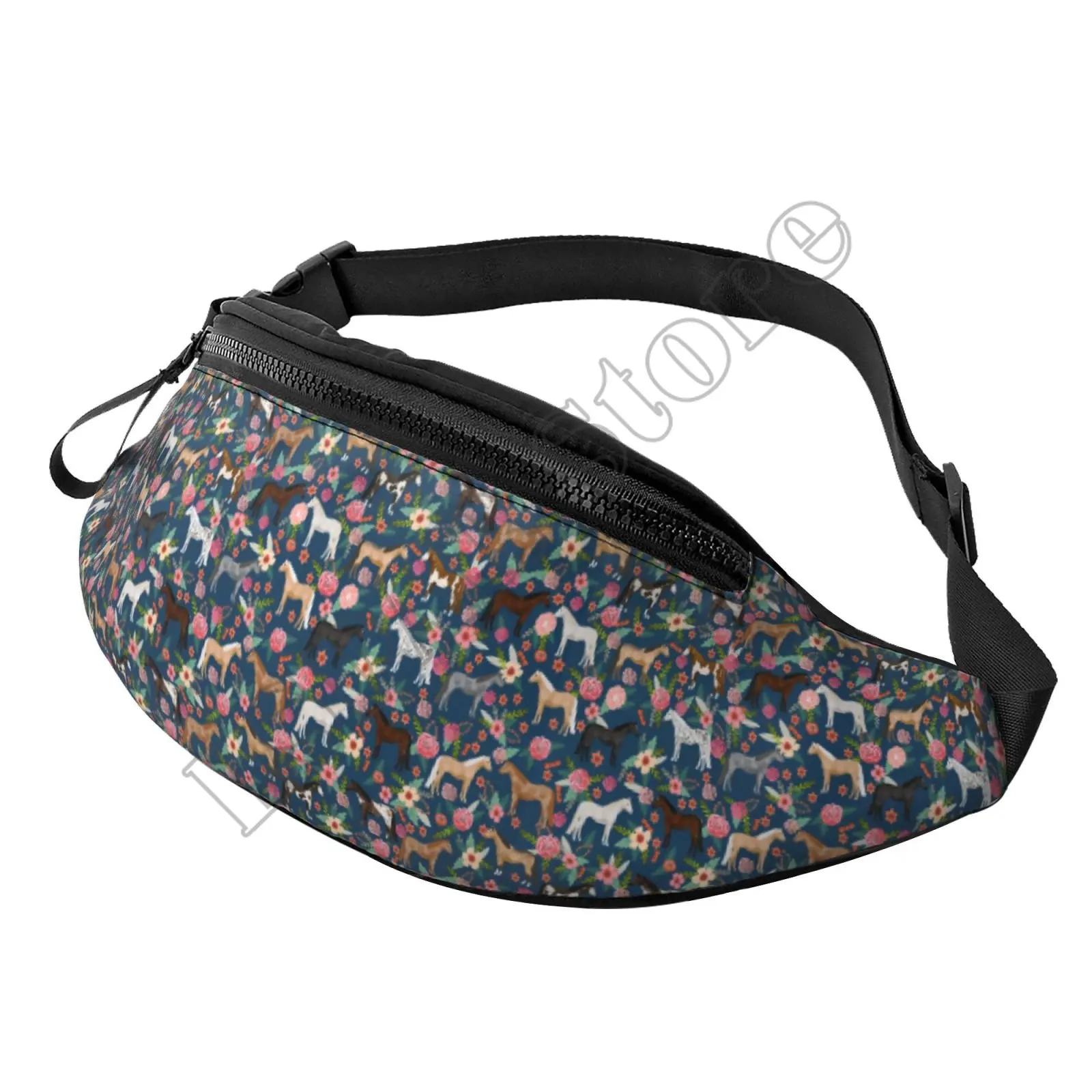 Funny Cute Navy Flower Horses Waist Bag with Headphone Hole Belt Bag Adjustable Sling Pocket Fashion Hip Bum Bag Cycling