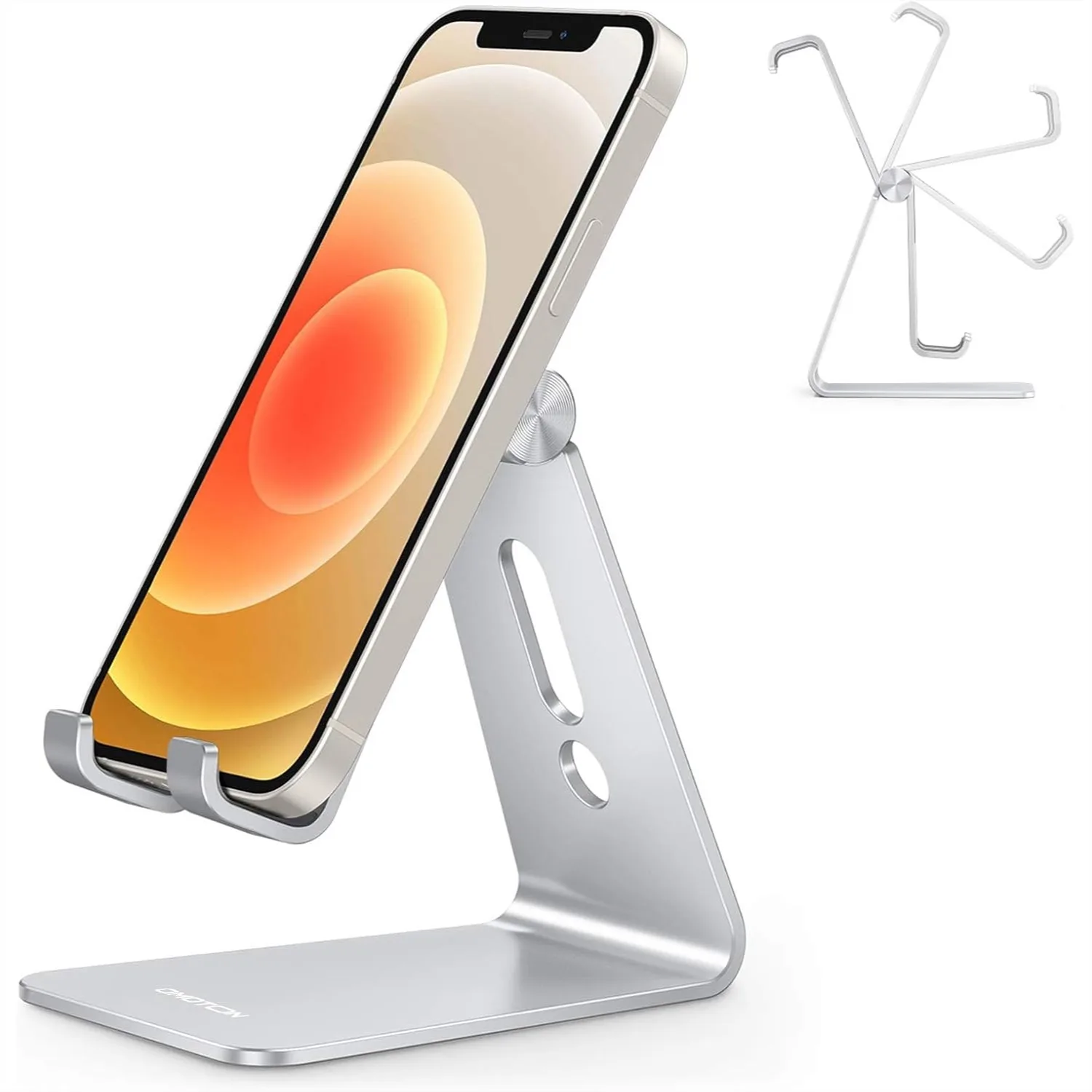 Adjustable Aluminum Cell Phone Stand With Anti-Slip Base And Charging Port For All Smartphones Silver