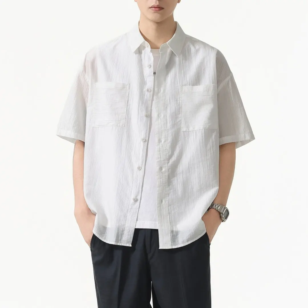 Men Summer Fashion Lightweight Thin Loose Casual Short Sleeve Cargo Shirts Tops Cityboy Japan Streetwear Shirts Blouses