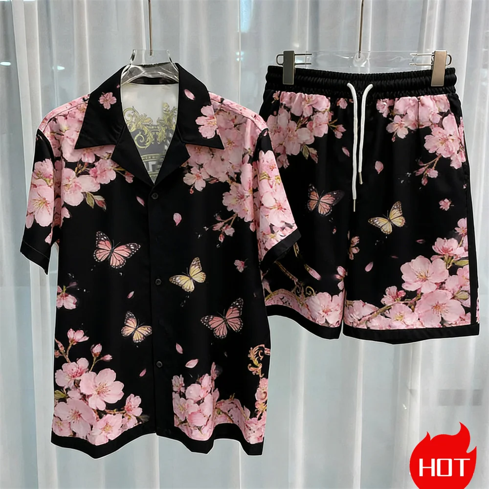 Digital printed men's set fashion two-piece shorts set high-quality summer short sleeved shirt Unisex y2k shirt set home pajamas