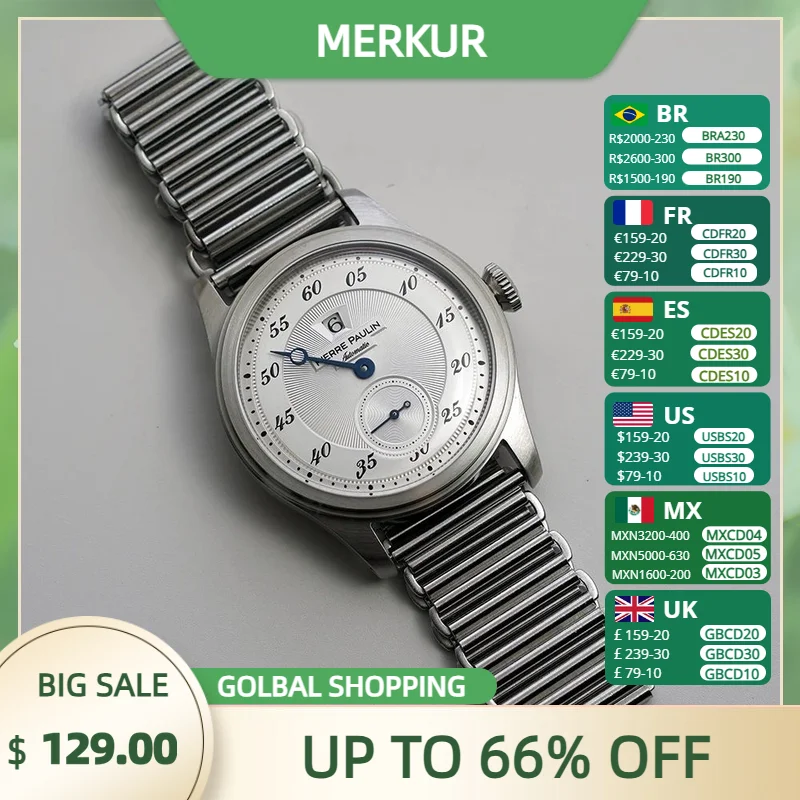 จุดสินค้า Pierre Paulin กระโดดชั่วโมงนาฬิกาผู้ชาย Silver Dial อัตโนมัติ St17 นาฬิกา Vintage วันที่หน้าต่าง 38 มม.โลหะ