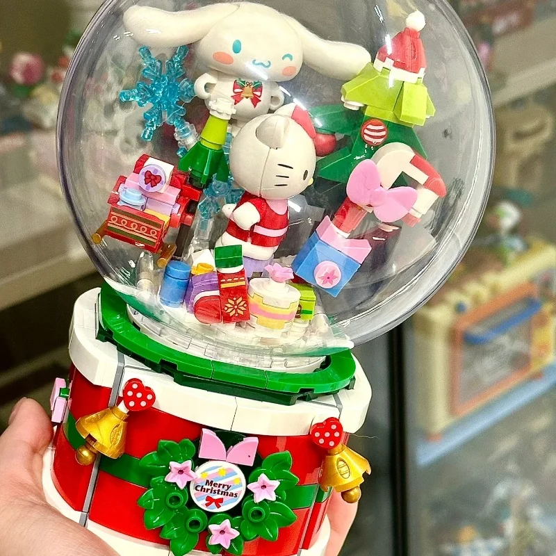 New Christmas Hello Kitty Christmas Music Building Blocks Box Rotating Music Box Children Christmas Toys Building Blocks Gift