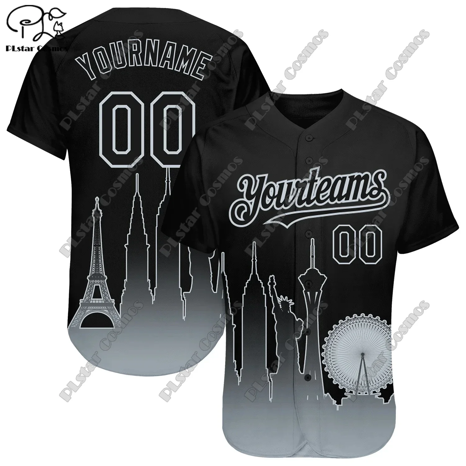 

3D Printing Baseball Shirts Custom Name Black Red Gray City Silhouette Gradient Fade Fashion Baseball Shirts Unisex