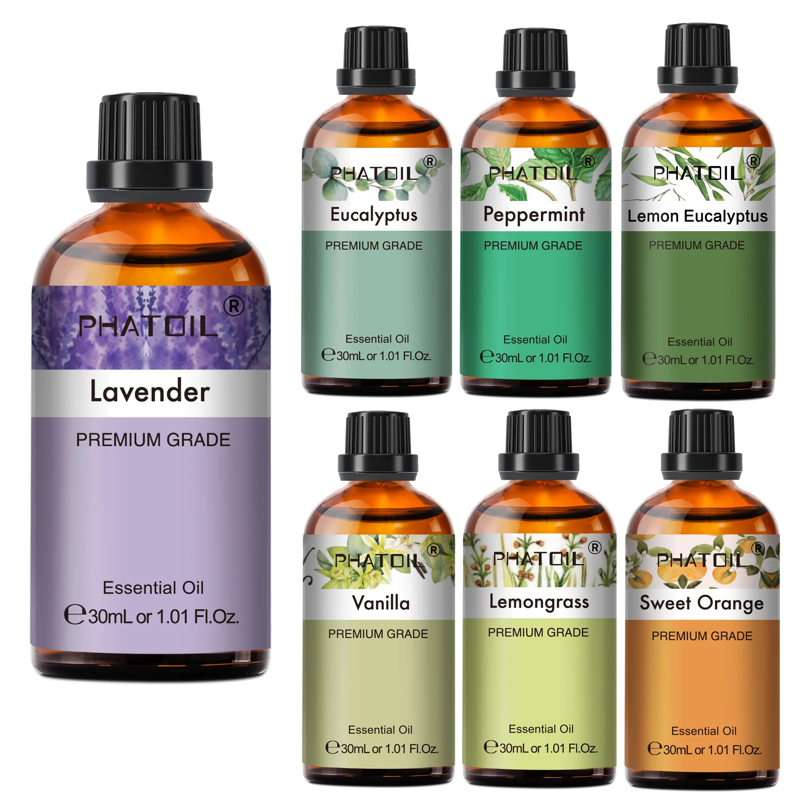 PHATOIL 30ml Aceite Esencial Premium de Limoncillo, Lavanda, Vainilla, Limón y Eucalipto para Difusor y Fabricación de Velas