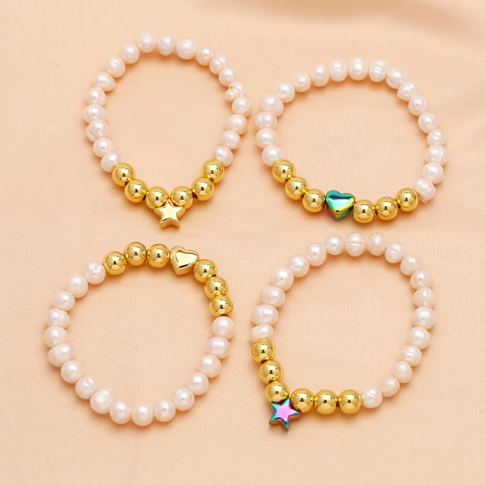 FLOLA Elegant Women Freshwater Pearl Bracelets Copper Gold Plated Heart Bracelets Dainty Jewelry Gifts brtm47