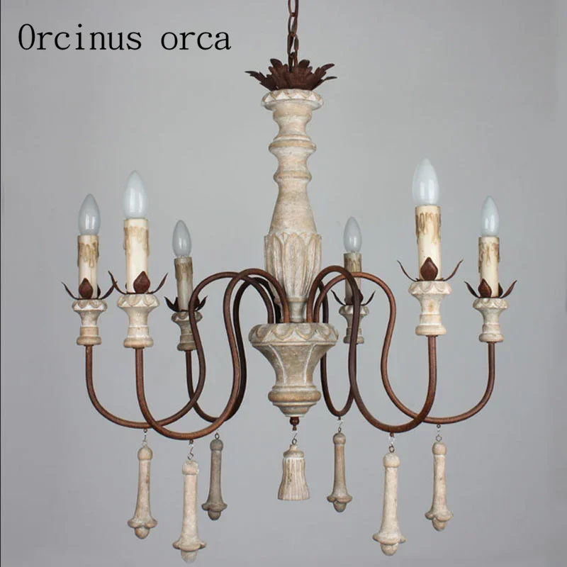 

French country antique solid wood art lamps living room wrought iron double layer restaurant lamp bedroom villa chandeliers