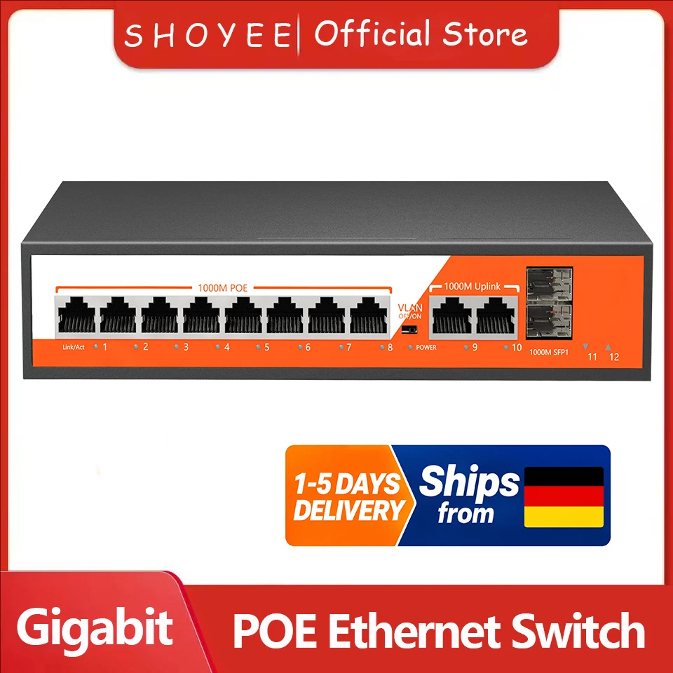Neuer 12-Port-Gigabit-POE-RJ45-SPF-Ethernet-Switch mit 802.3af/at-Uplink, unmanaged, Plug-and-Play, für IP-Kameras/NVRs